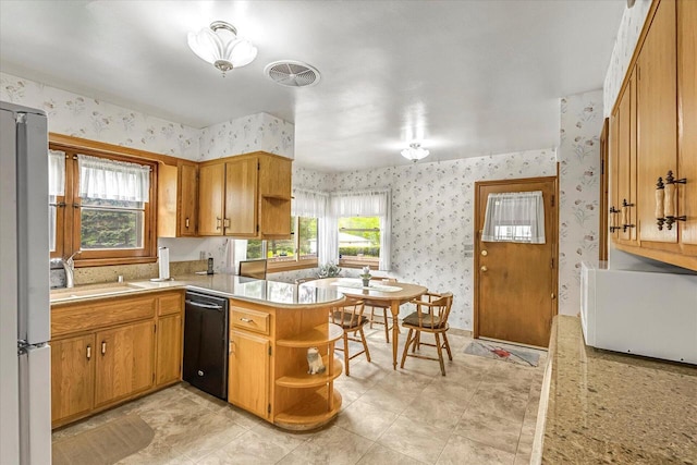 1416 Lake Dr, South Milwaukee, WI 53172 - kitchen featuring wallpapered walls, white appliances, open shelves, a peninsula, and a sink