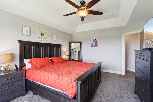 417 Champlain Dr, Johnson Creek, WI 53038 - bedroom with carpet, a raised ceiling, baseboards, and a ceiling fan