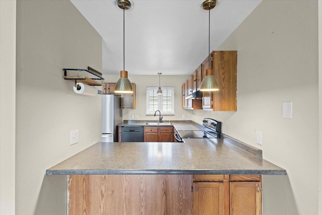 514 Root Ave Unit D, Hartford, WI 53027 - kitchen featuring appliances with stainless steel finishes, a sink, under cabinet range hood, a peninsula, and brown cabinets