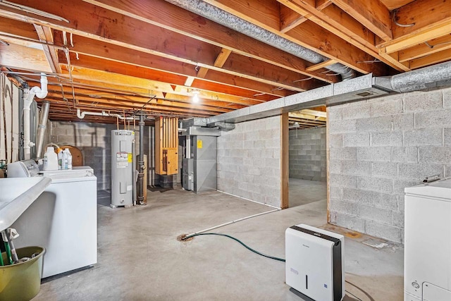 904 S Hamlin St, Shawano, WI 54166 - unfinished basement featuring electric water heater, washer and clothes dryer, and heating unit