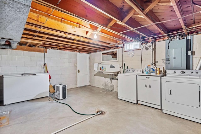 904 S Hamlin St, Shawano, WI 54166 - basement featuring washer and clothes dryer, electric panel, and a sink