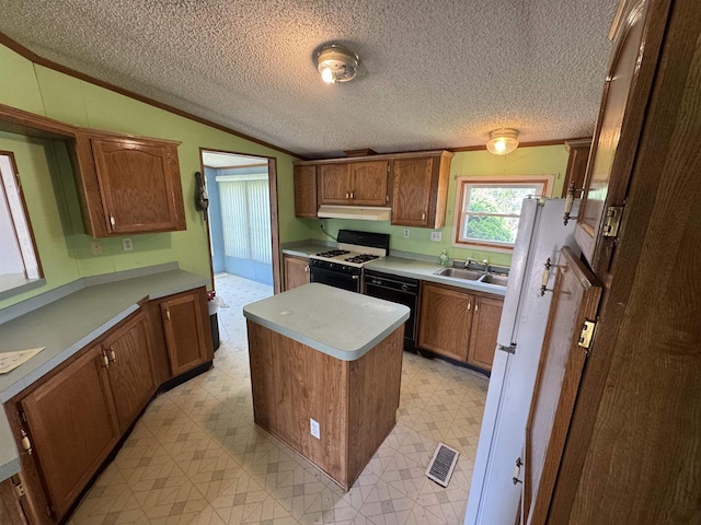 S7559 US Highway 12 Unit M-8, North Freedom, WI 53951 - kitchen with white gas stove, dishwasher, under cabinet range hood, a sink, and vaulted ceiling