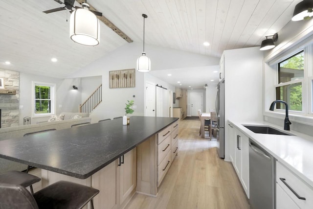 W2434 Timber Trl, Keshena, WI 54135 - kitchen with stainless steel appliances, a sink, a barn door, light wood finished floors, and open floor plan