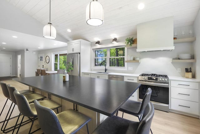 W2434 Timber Trl, Keshena, WI 54135 - kitchen featuring open shelves, appliances with stainless steel finishes, a sink, wall chimney range hood, and vaulted ceiling