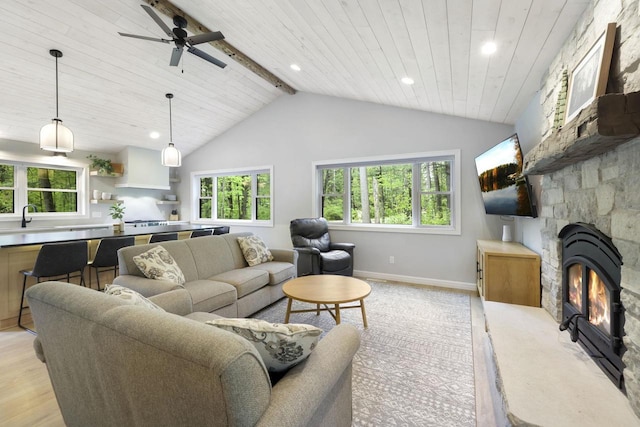 W2434 Timber Trl, Keshena, WI 54135 - living room with light wood-style floors, recessed lighting, wood ceiling, ceiling fan, and baseboards