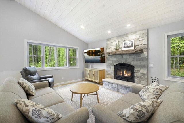 W2434 Timber Trl, Keshena, WI 54135 - living room with wood ceiling, baseboards, a fireplace, recessed lighting, and vaulted ceiling