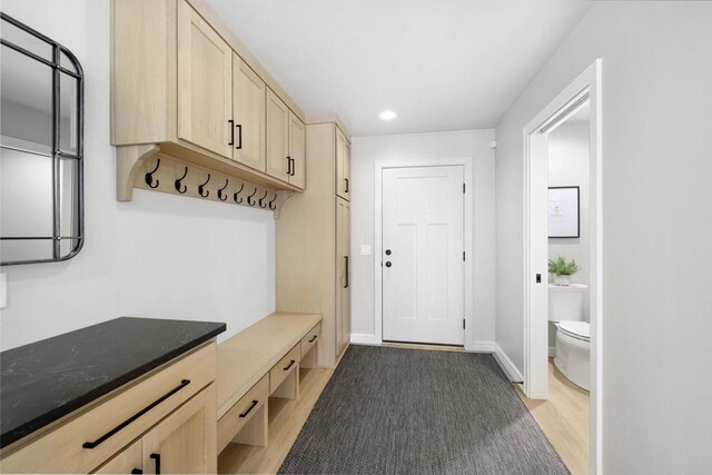 W2434 Timber Trl, Keshena, WI 54135 - mudroom with light wood-style floors, recessed lighting, and baseboards