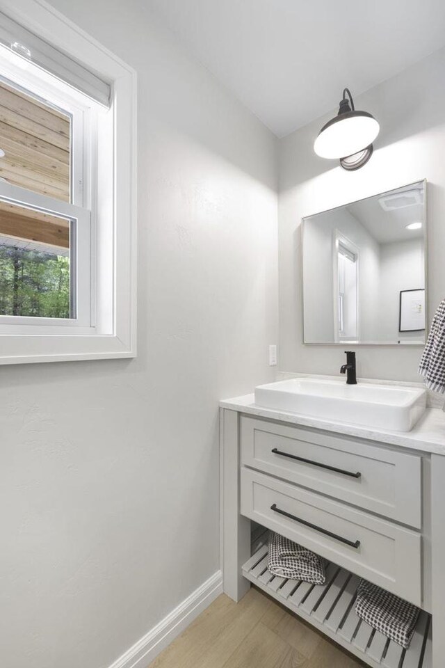 W2434 Timber Trl, Keshena, WI 54135 - bathroom with baseboards, vanity, and wood finished floors