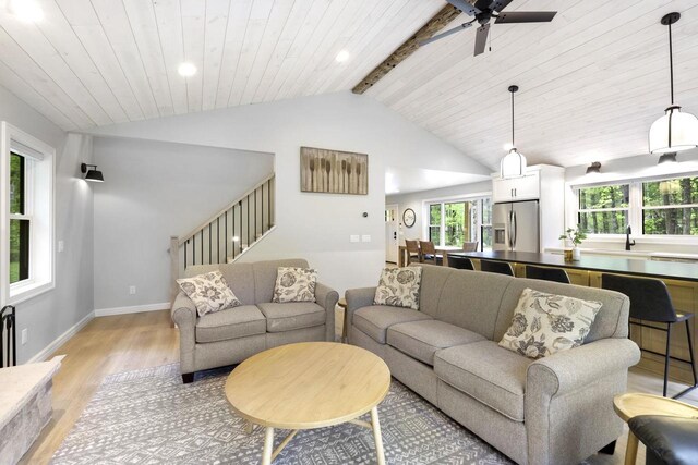 W2434 Timber Trl, Keshena, WI 54135 - living room featuring light wood-type flooring, a ceiling fan, wooden ceiling, baseboards, and stairs