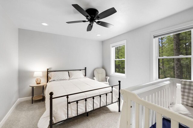 W2434 Timber Trl, Keshena, WI 54135 - bedroom featuring light carpet, baseboards, recessed lighting, and a ceiling fan