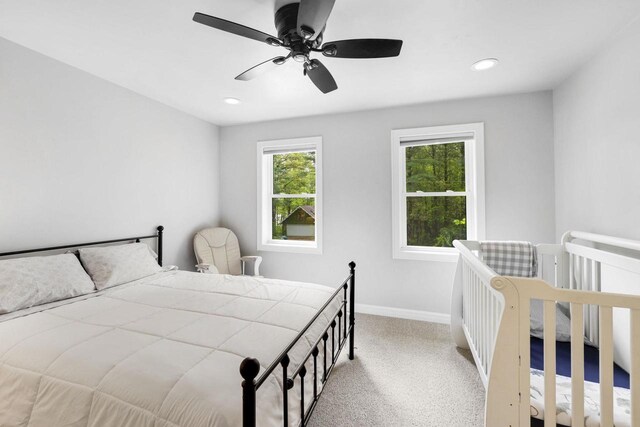 W2434 Timber Trl, Keshena, WI 54135 - bedroom with baseboards, recessed lighting, a ceiling fan, and carpet floors