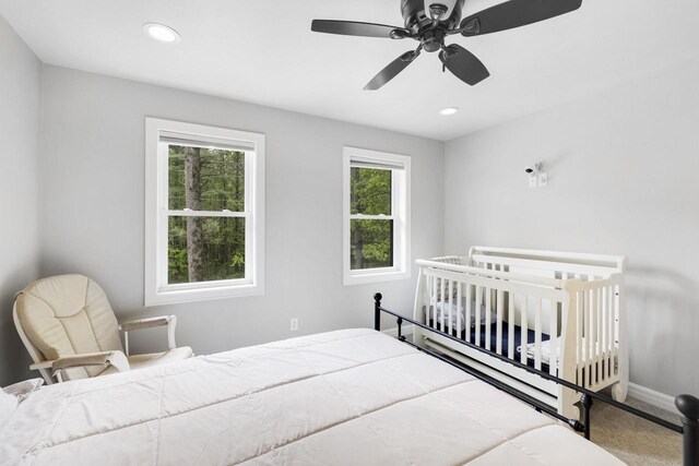 W2434 Timber Trl, Keshena, WI 54135 - carpeted bedroom featuring baseboards, a ceiling fan, and recessed lighting