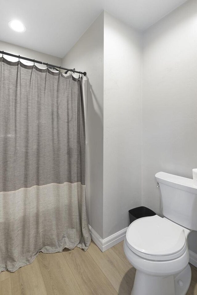 W2434 Timber Trl, Keshena, WI 54135 - bathroom featuring wood finished floors, baseboards, toilet, and a shower with curtain
