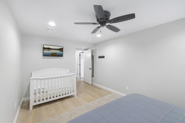 W2434 Timber Trl, Keshena, WI 54135 - bedroom with light wood finished floors, baseboards, recessed lighting, and ceiling fan