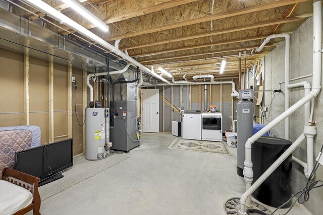 W2434 Timber Trl, Keshena, WI 54135 - unfinished basement featuring gas water heater, independent washer and dryer, and heating unit
