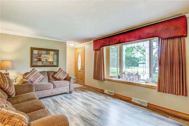 E5777 689th Ave, Menomonie, WI 54751 - living area with a textured ceiling, wood finished floors, ornamental molding, and baseboards