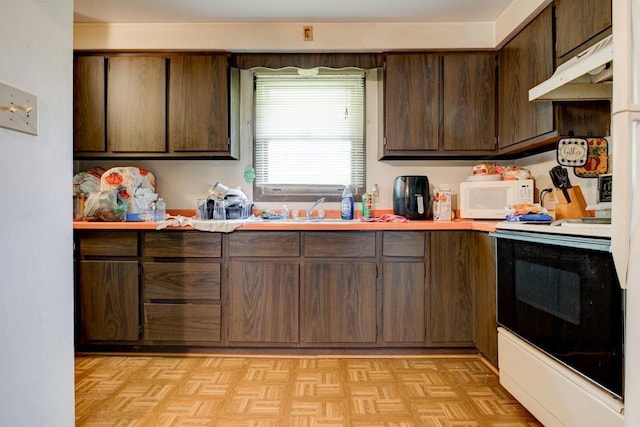 129 Luby Ave, Oconto, WI 54153 - kitchen with white microwave, range, light countertops, dark brown cabinets, and a sink