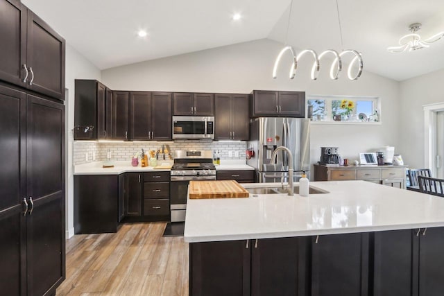 807 W Saddle Rdg Unit 807, Portage, WI 53901 - kitchen with appliances with stainless steel finishes, a sink, light wood-style flooring, lofted ceiling, and a kitchen island with sink