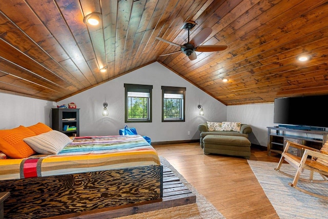 E12603 Bay Rd, Merrimac, WI 53561 - bedroom featuring wood ceiling, vaulted ceiling, wood finished floors, baseboards, and a ceiling fan