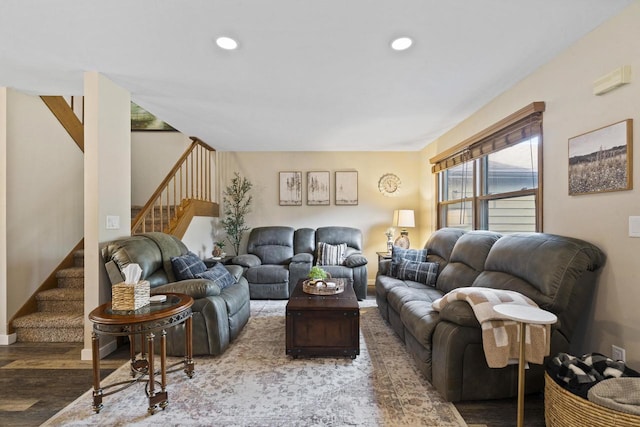 1115 Daniel Ct Unit 40, Neenah, WI 54956 - living room featuring wood finished floors, stairway, recessed lighting, and baseboards