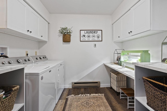 1115 Daniel Ct Unit 40, Neenah, WI 54956 - laundry area featuring a baseboard radiator, cabinet space, washer and clothes dryer, dark wood finished floors, and baseboards