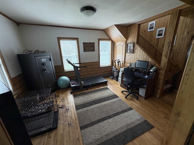 114 E Freeborn St, Cecil, WI 54111 - office space with wooden walls, wood finished floors, and crown molding