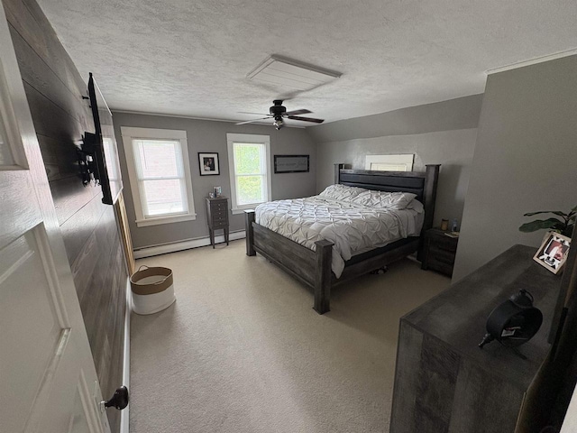 114 E Freeborn St, Cecil, WI 54111 - bedroom with a baseboard heating unit, a textured ceiling, light carpet, and a ceiling fan