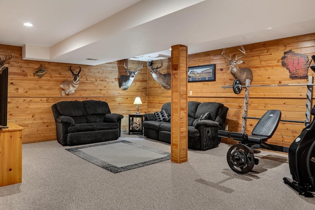 N17795 Trim Rd, Galesville, WI 54630 - carpeted living room with wood walls and recessed lighting