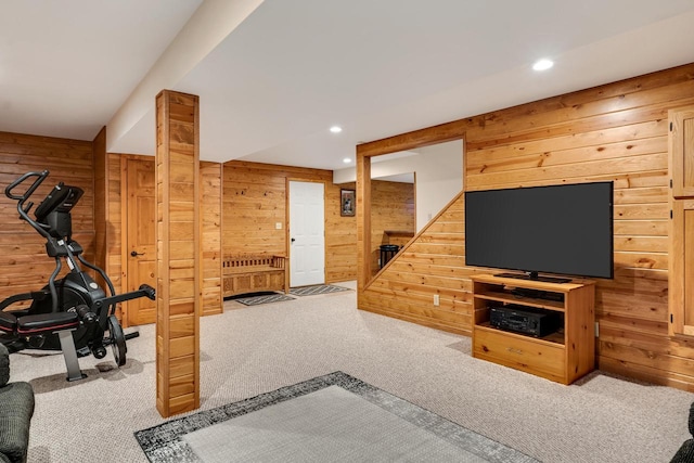 N17795 Trim Rd, Galesville, WI 54630 - exercise area featuring wood walls, carpet floors, and recessed lighting
