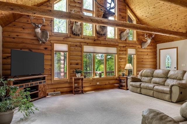 N17795 Trim Rd, Galesville, WI 54630 - living room featuring carpet floors, high vaulted ceiling, log walls, wood ceiling with exposed beams, and plenty of natural light