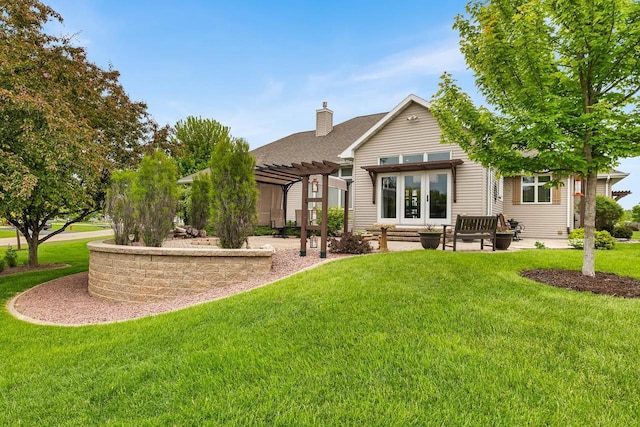 W4825 Wild Wings Dr, Sherwood, WI 54169 - back of house featuring a pergola, a lawn, a chimney, and roof with shingles