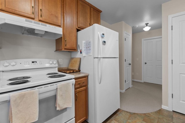 1242 Liberty St, Oshkosh, WI 54901 - kitchen featuring white appliances, under cabinet range hood, brown cabinetry, and light countertops