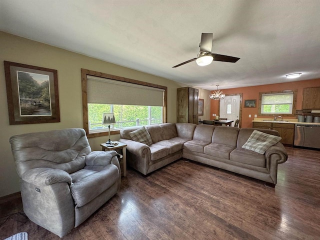 N3140 Forest Prairie Park Rd, Monroe, WI 53566 - living room with dark wood finished floors, ceiling fan, and a chandelier