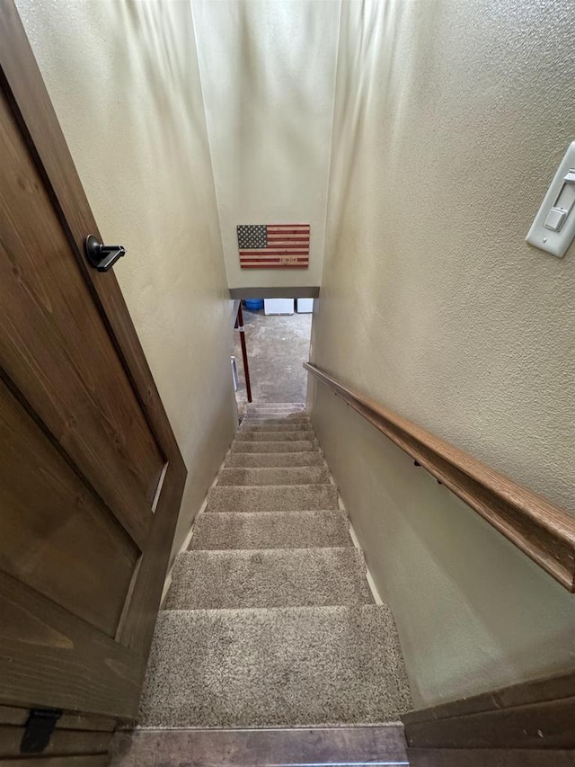 N3140 Forest Prairie Park Rd, Monroe, WI 53566 - stairs with a textured wall and carpet flooring