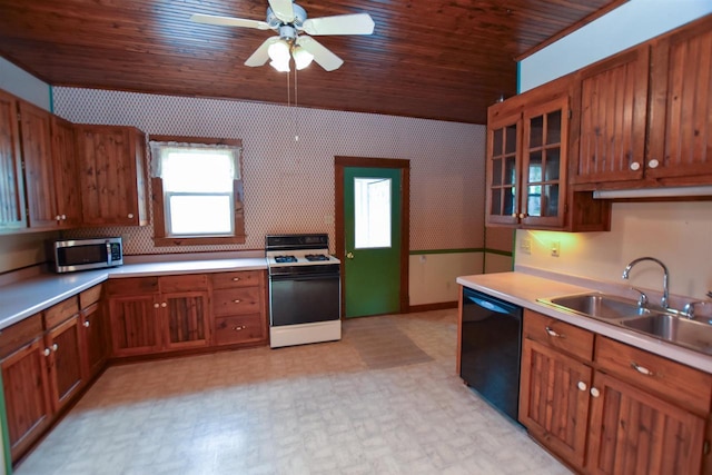735 Oakwood St, Wild Rose, WI 54984 - kitchen with white range, stainless steel microwave, black dishwasher, a sink, and wooden ceiling