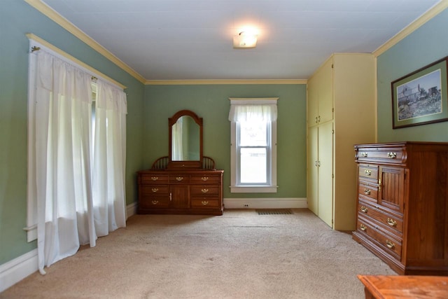 735 Oakwood St, Wild Rose, WI 54984 - bedroom featuring light colored carpet, ornamental molding, and baseboards
