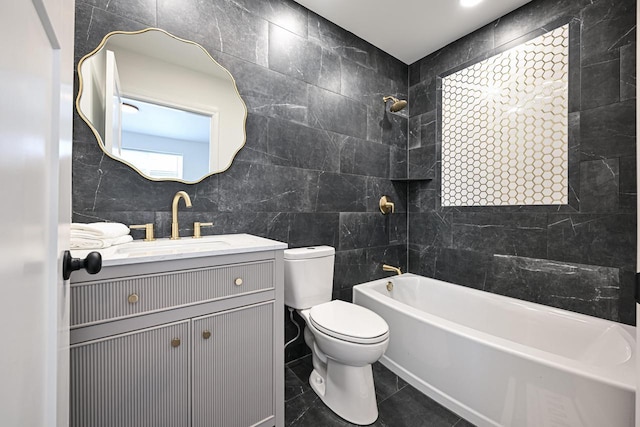 1922 E Iron St, Milwaukee, WI 53207 - bathroom featuring tile walls, toilet, vanity, shower / bath combination, and tile patterned floors