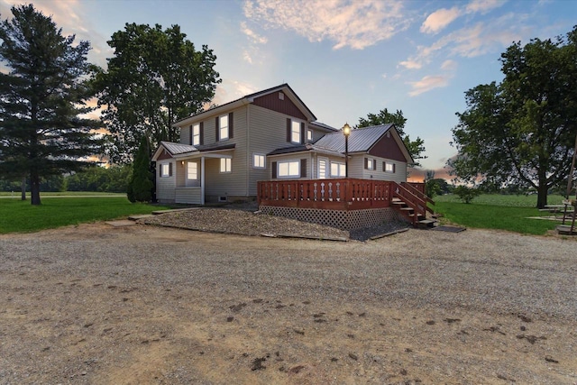 N1815 County Road T, Brodhead, WI 53520 - rear view of property with a wooden deck, a yard, and crawl space