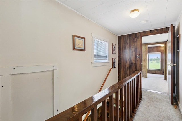 N1815 County Road T, Brodhead, WI 53520 - corridor with an upstairs landing, carpet, wooden walls, and crown molding