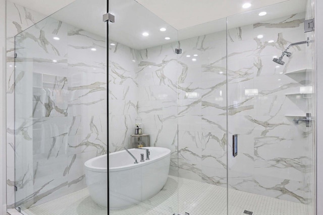 7678 Badger Run Ct, Verona, WI 53593 - full bath featuring a marble finish shower, a freestanding bath, recessed lighting, and tile walls