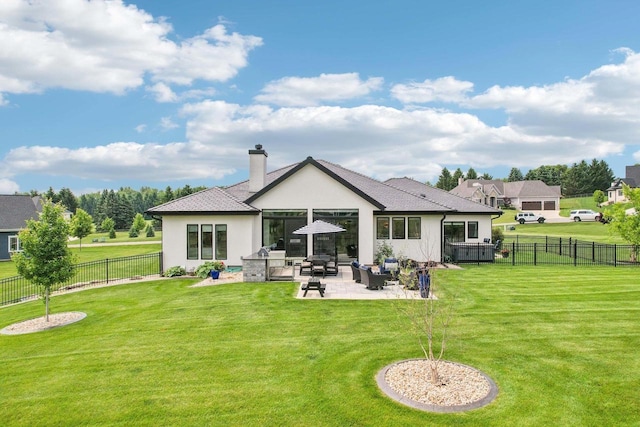 7678 Badger Run Ct, Verona, WI 53593 - back of house with an outdoor living space, a patio area, stucco siding, and a chimney
