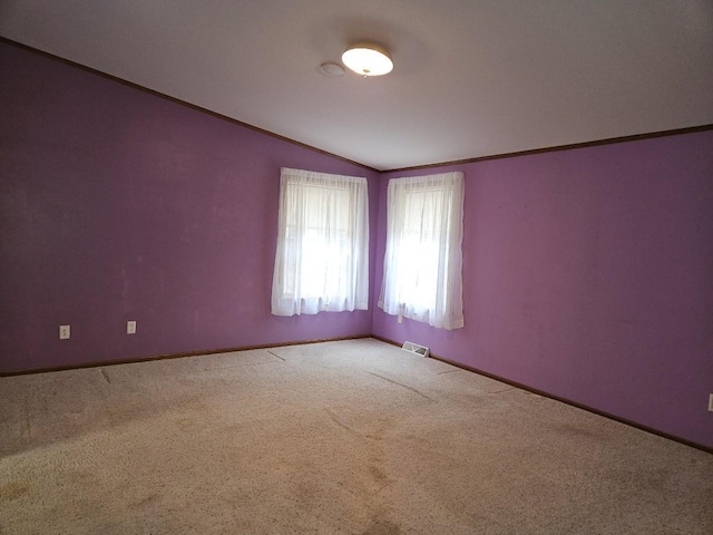 7102 Fire Tower Rd, Rhinelander, WI 54501 - carpeted spare room with baseboards, lofted ceiling, and crown molding