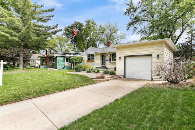 3725 Dawes St, Madison, WI 53714 - ranch-style house featuring concrete driveway, a garage, a front yard, and a chimney