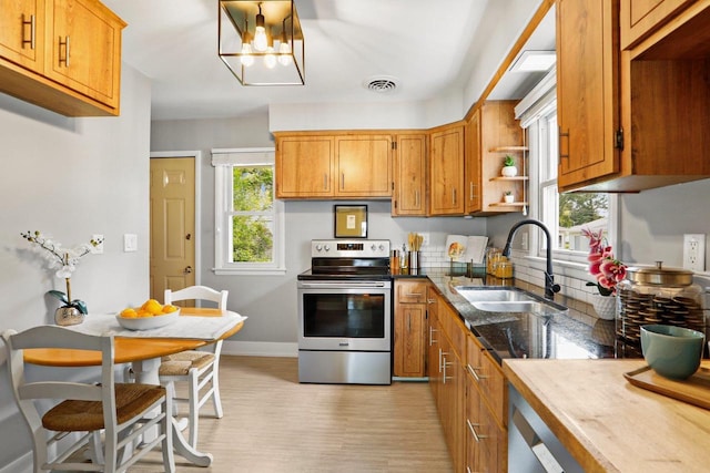 3725 Dawes St, Madison, WI 53714 - kitchen with stainless steel electric range oven, a sink, light wood-type flooring, brown cabinets, and open shelves