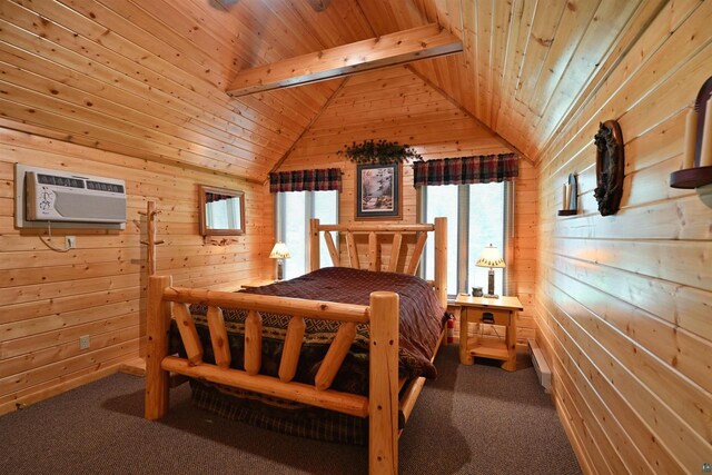 2775 Lake Rd, Barnes, WI 54873 - bedroom with wooden walls, wood ceiling, carpet, lofted ceiling, and a wall mounted AC