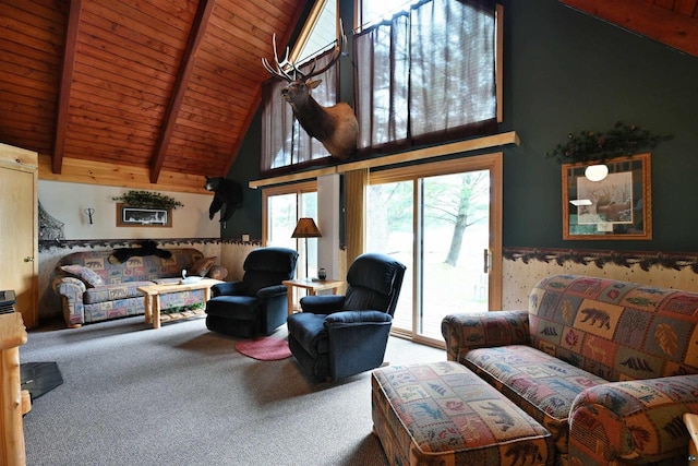 2775 Lake Rd, Barnes, WI 54873 - living room featuring carpet, high vaulted ceiling, wooden ceiling with exposed beams, and wainscoting