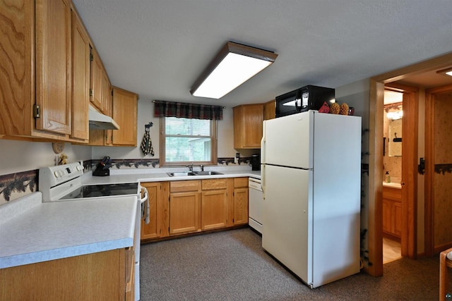 2775 Lake Rd, Barnes, WI 54873 - kitchen featuring white appliances, a sink, under cabinet range hood, light countertops, and dark carpet
