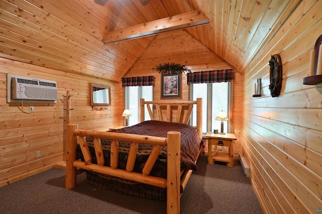 2775 Lake Rd, Barnes, WI 54873 - bedroom with wood walls, wooden ceiling, carpet flooring, lofted ceiling, and an AC wall unit