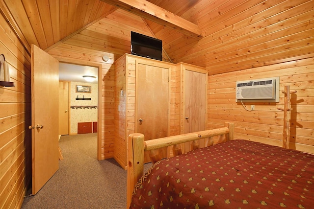 2775 Lake Rd, Barnes, WI 54873 - carpeted bedroom with wood walls, an AC wall unit, and wood ceiling