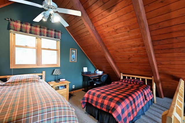 2775 Lake Rd, Barnes, WI 54873 - carpeted bedroom with wooden ceiling, baseboards, and ceiling fan